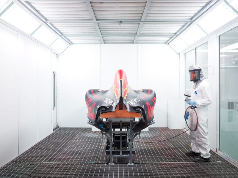 red bull racing factory f1 car spray booth inside