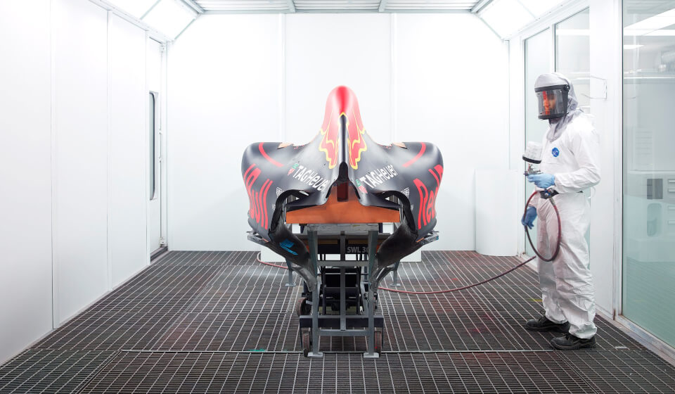 red bull racing factory f1 car spray booth inside